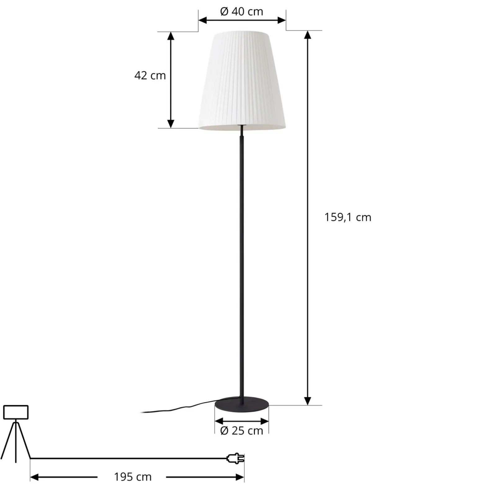 Lindby Virelle lattiavalaisin, musta/valkoinen, tekstiili, korkeus 170 cm
