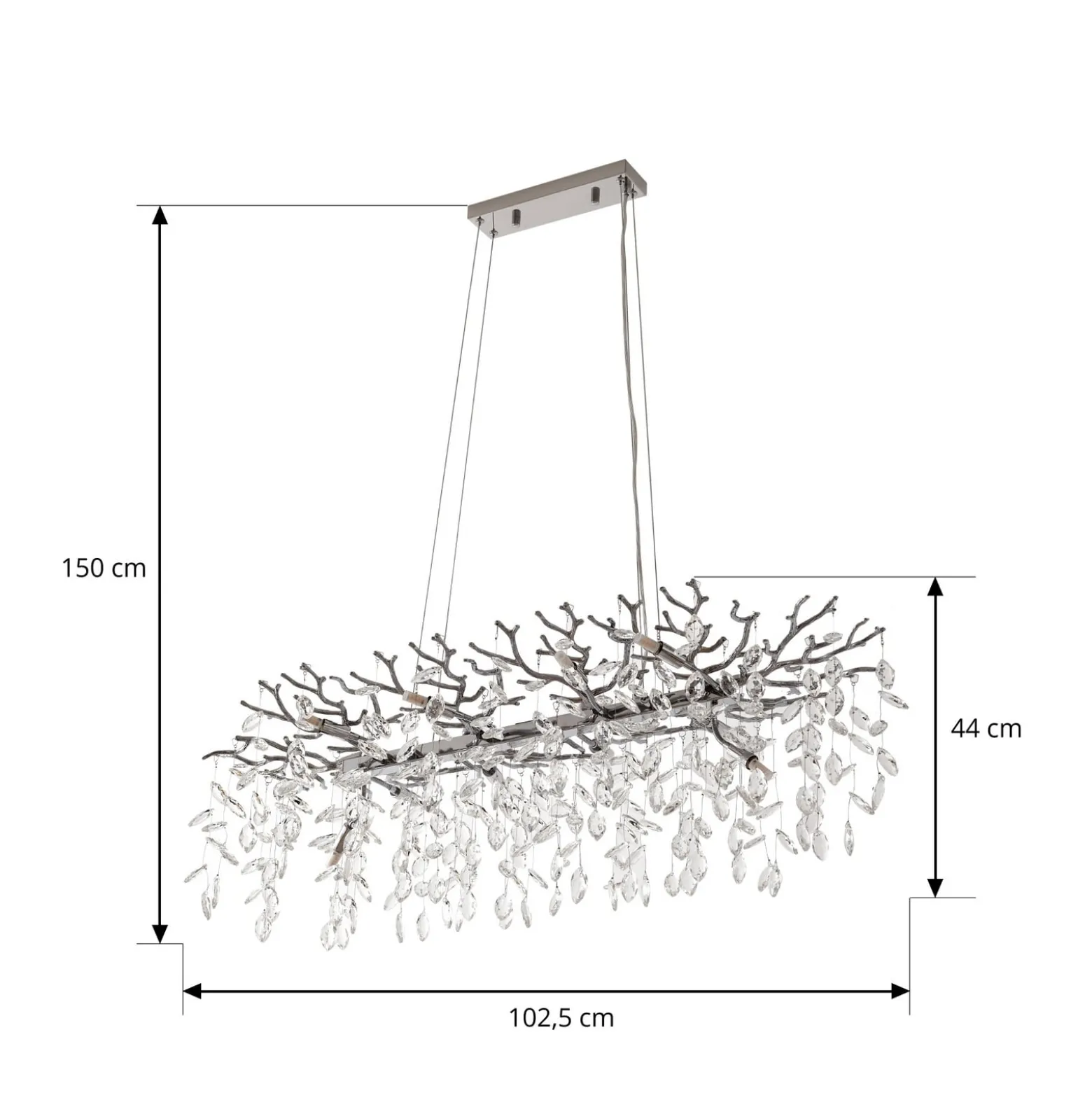 Lucande Bellora-riippuvalaisin, 101 cm, ruostumaton teräs, kristalli
