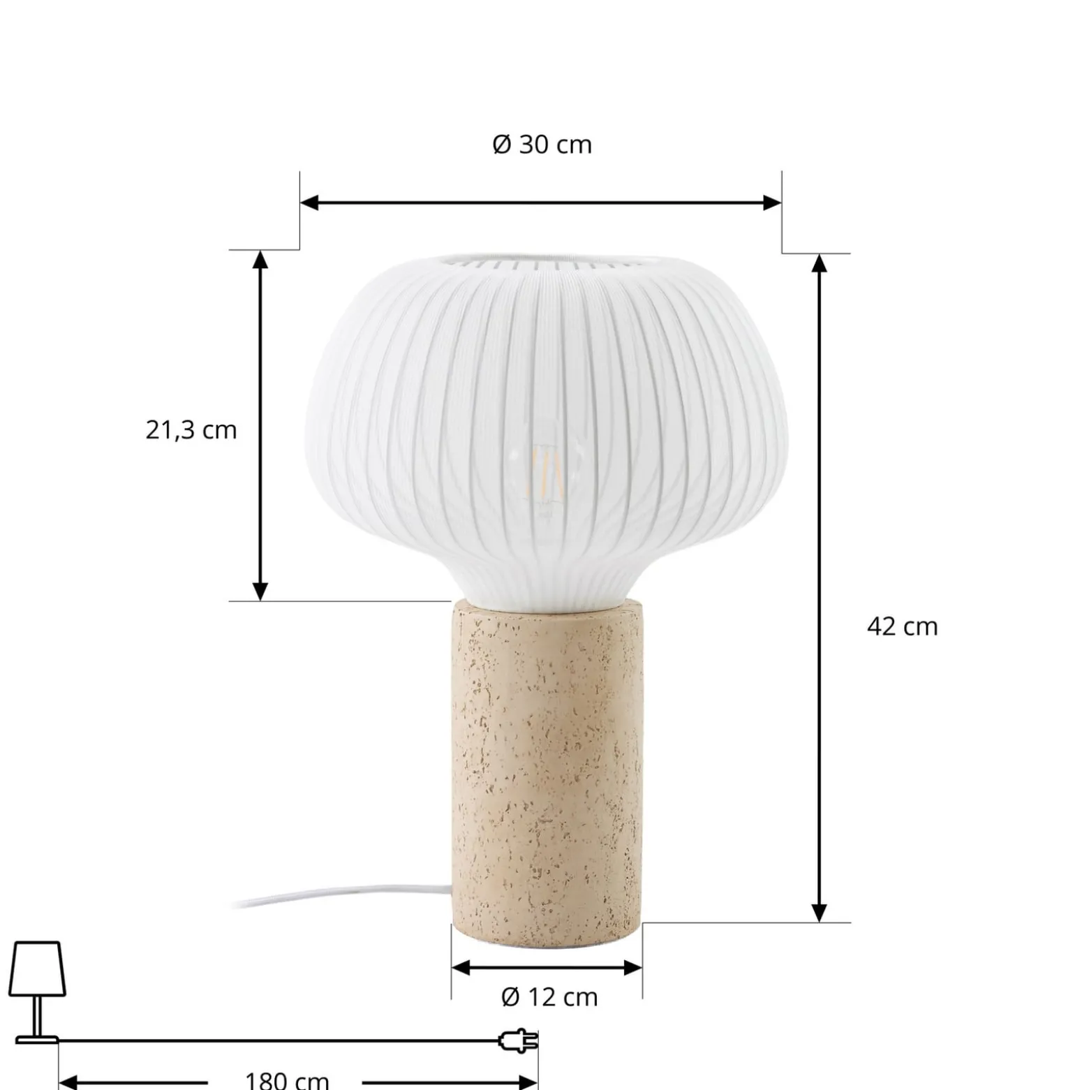 Lucande Eloise -pöytävalaisin, 42 cm, valkoinen, tekstiili/betoni, E27
