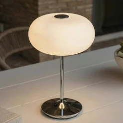 Lucande LED-akkukäyttöinen pöytävalaisin Anoria, kromi/valkoinen, lasi, IP44,
