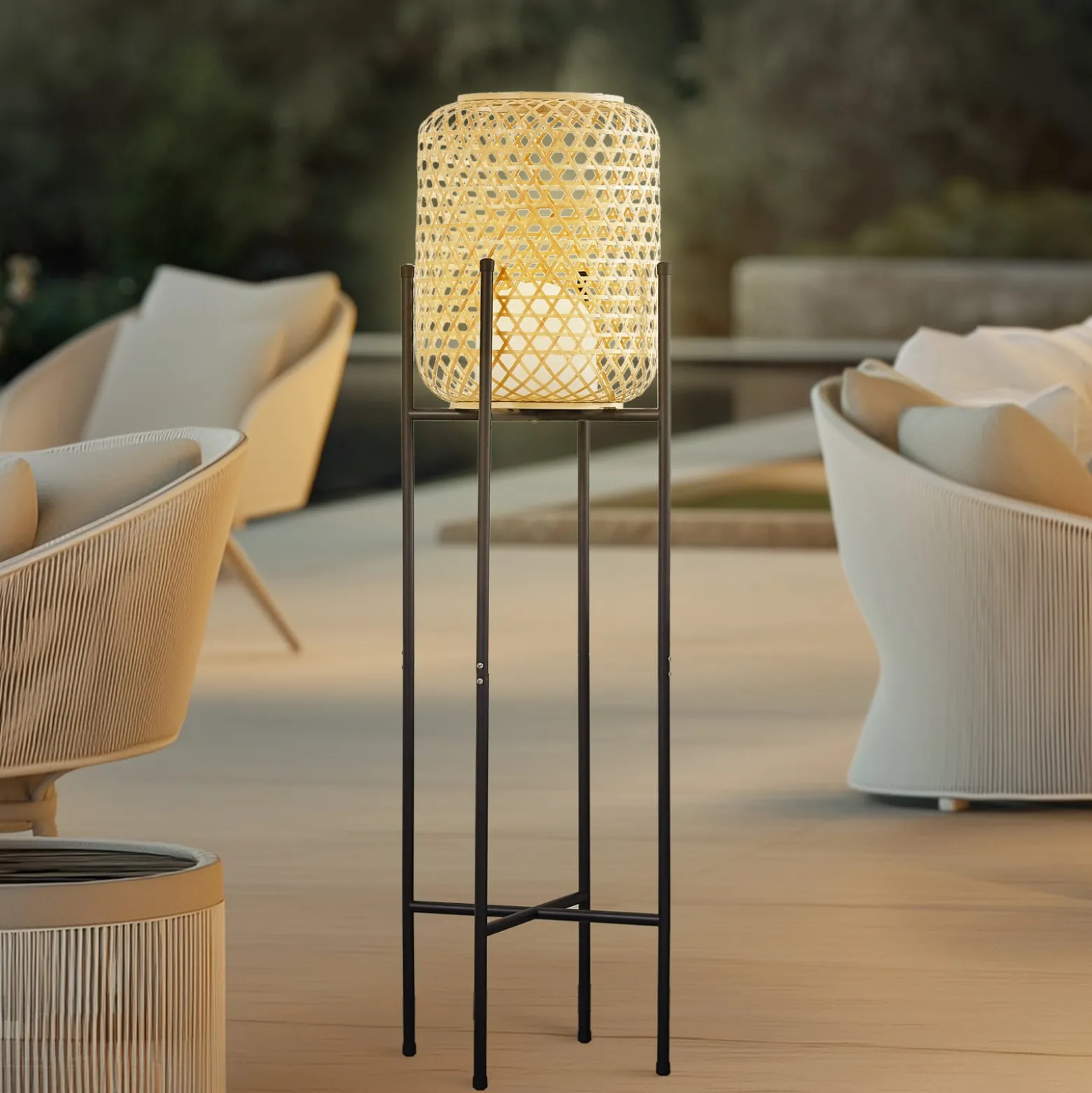 Lucande LED-lattiavalaisin Adebi, musta, bambu, Ø32.5cm