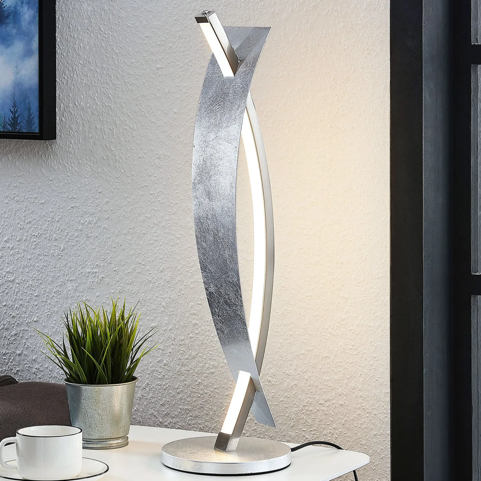 Lucande LED-pöytävalaisin Marija, hopeanvärinen, himmennettävä, 62 cm