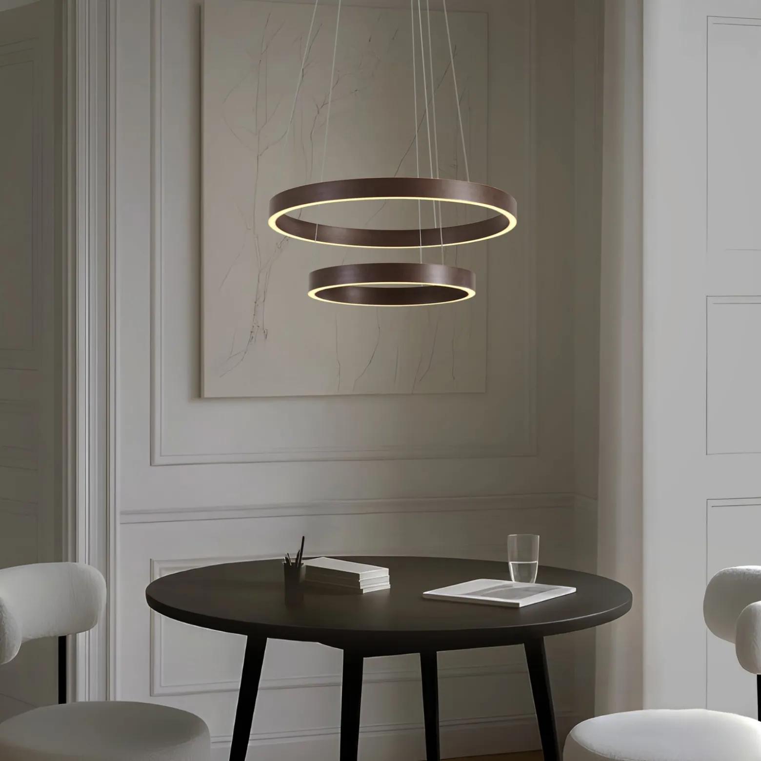 Lucande LED-riippuvalaisin Yonam, Ø 60 cm, 2-lamppuinen, ruskea, CCT