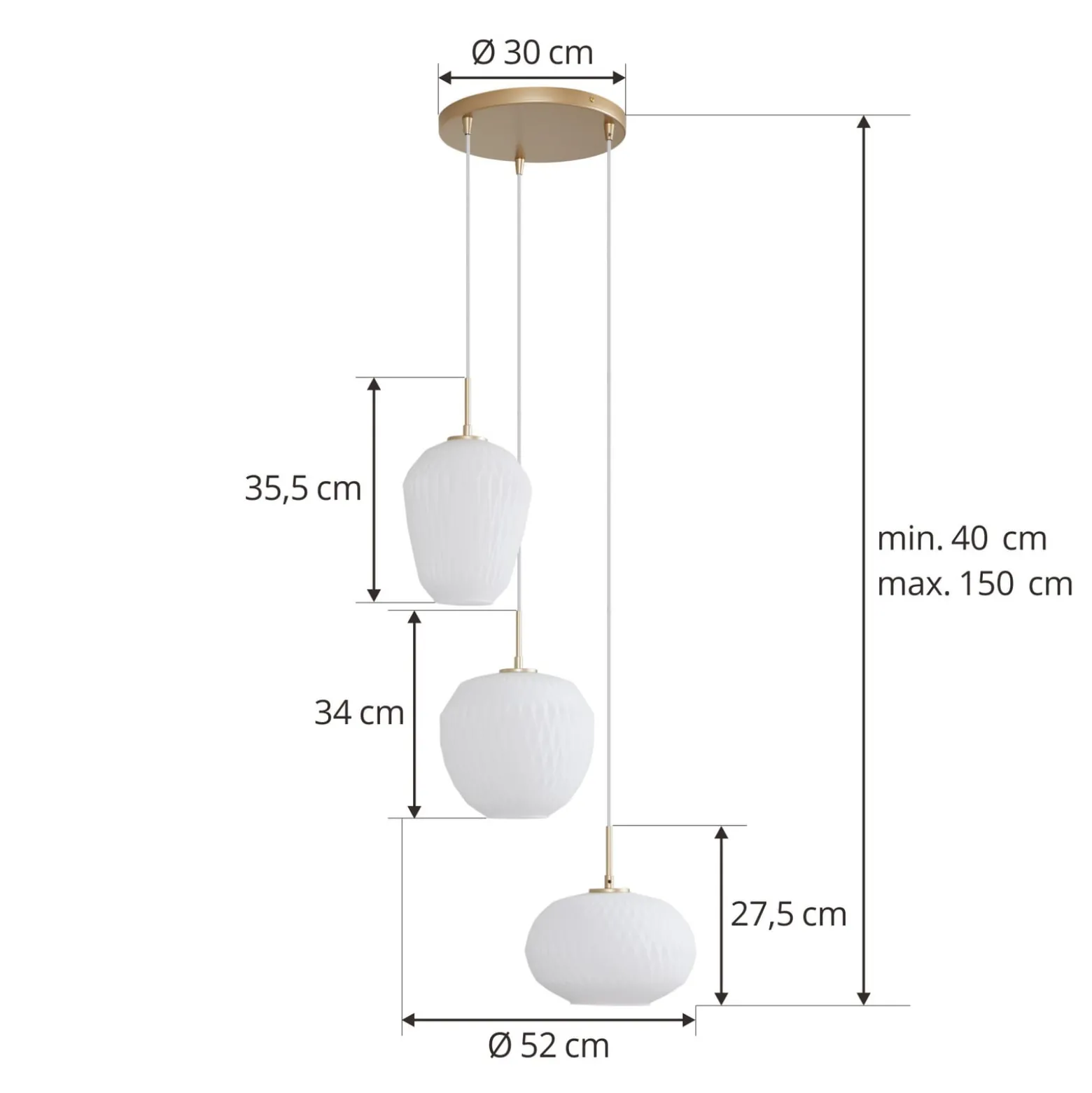 Lucande-riippuvalaisin Quinara, 3-valo, opaali, lasi, Ø 52 cm