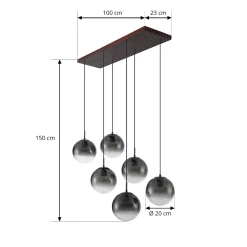 Lucande Veloura riippuvalaisin, 6-lamppuinen, 100 cm, lasi, puu
