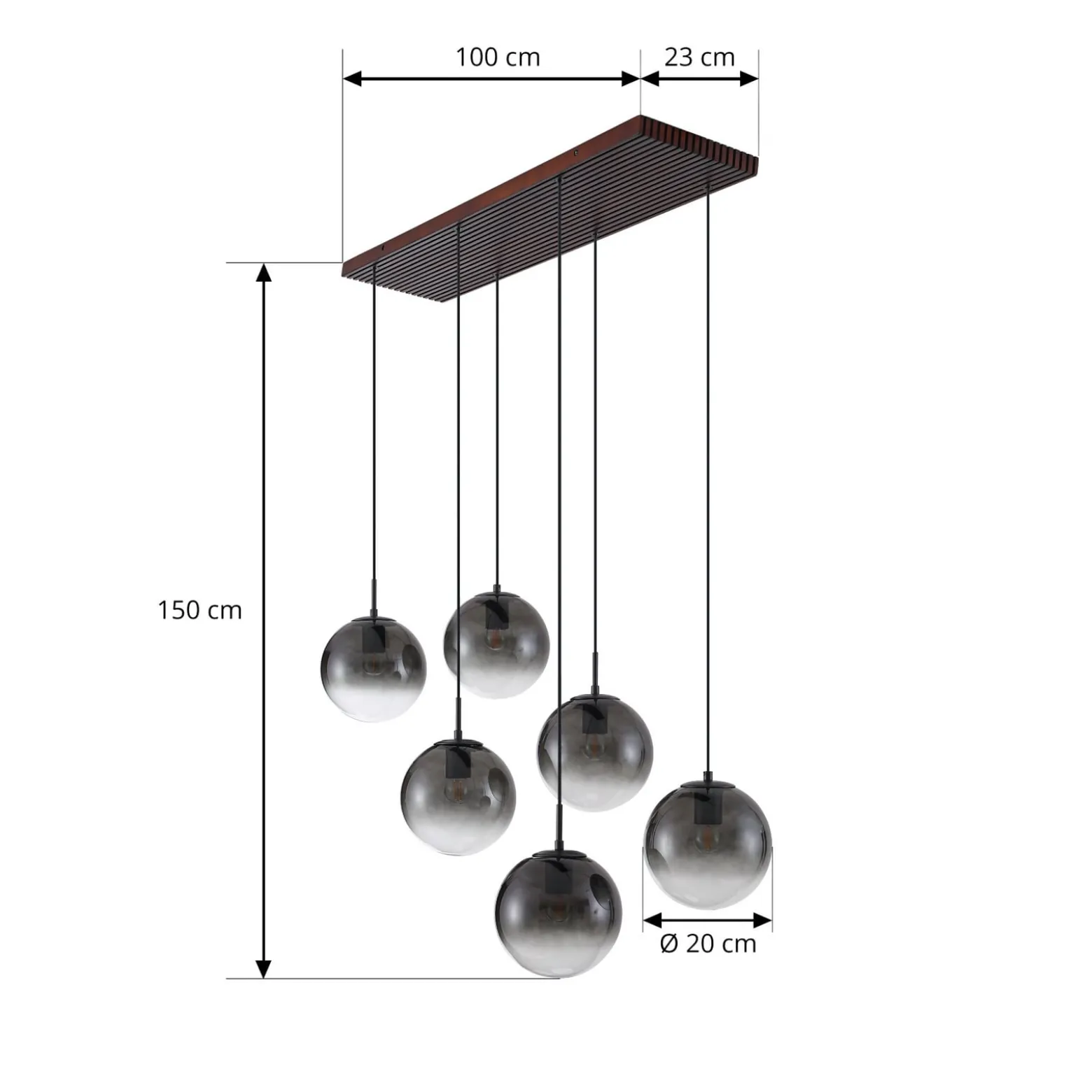 Lucande Veloura riippuvalaisin, 6-lamppuinen, 100 cm, lasi, puu