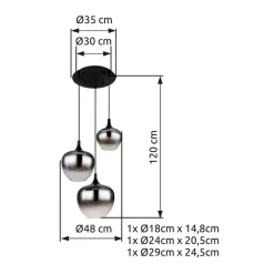Maxy riippuvalaisin, Ø 48 cm, savunharmaa, lasi, 3-valo.