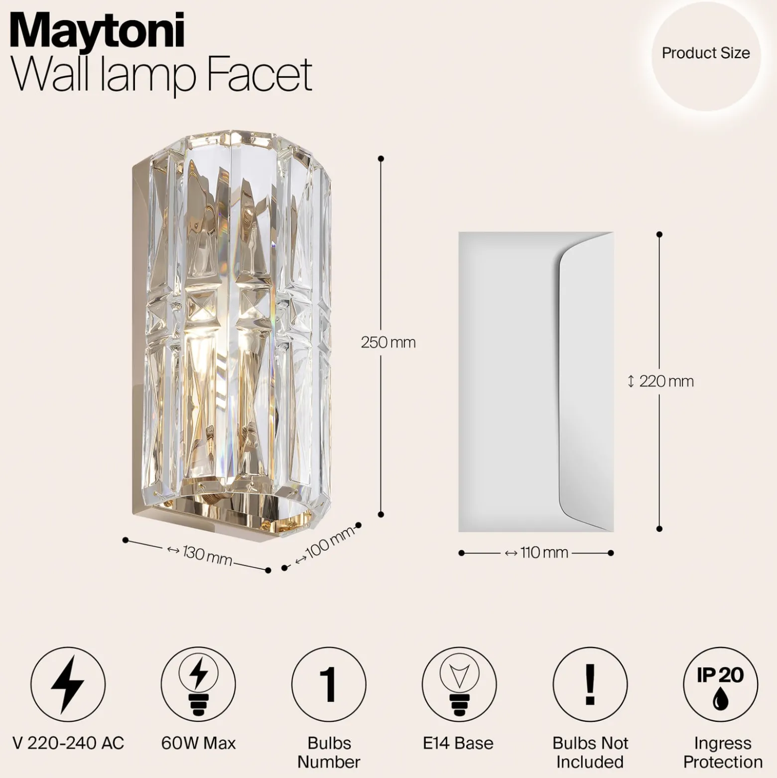 Maytoni Facet seinävalaisin, korkeus 25 cm, kullanvärinen, lasia, E14