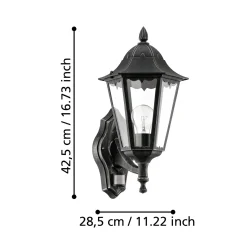 Navedo-ulkoseinälamppu, musta/hopea, korkeus 42 cm, liiketunnistin