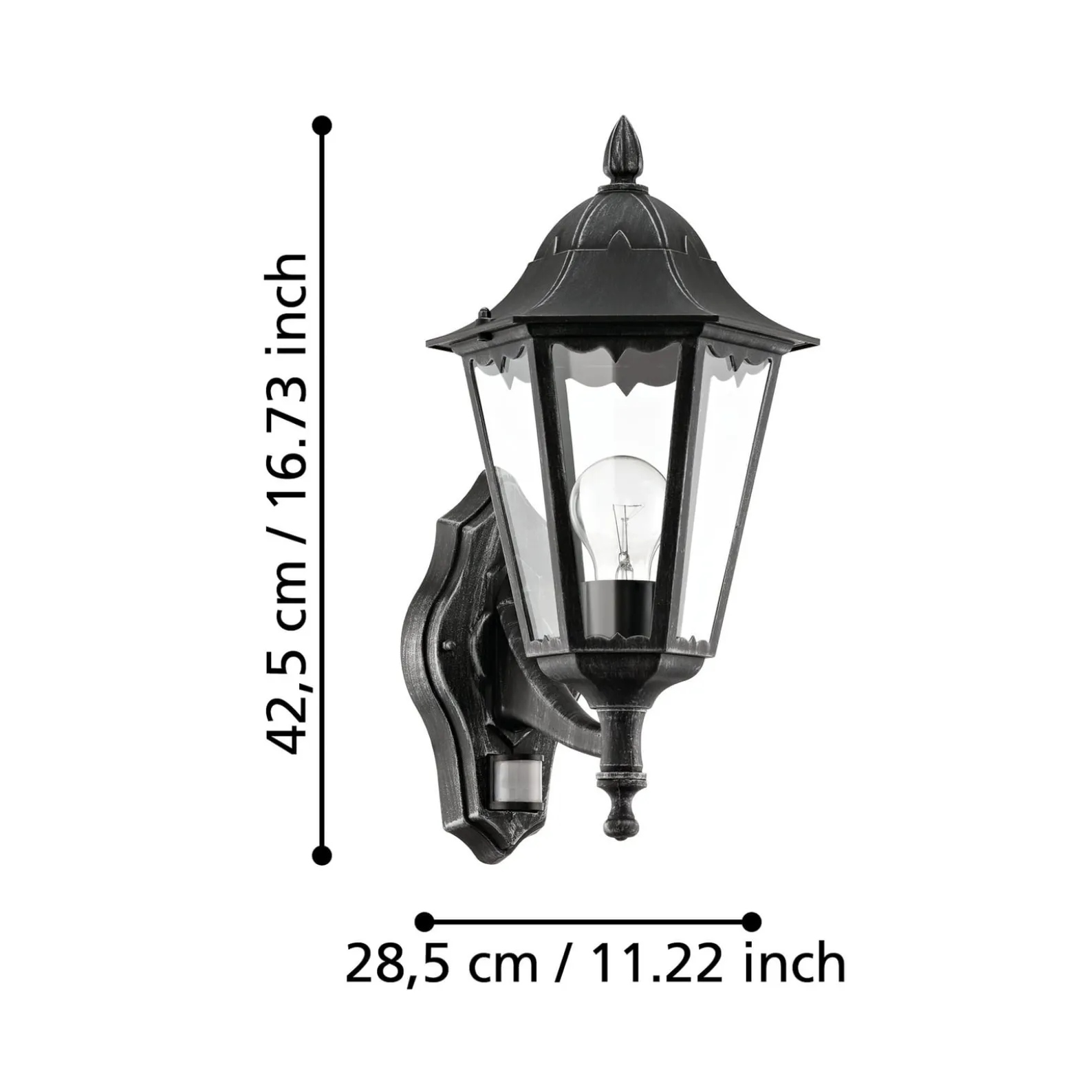 Navedo-ulkoseinälamppu, musta/hopea, korkeus 42 cm, liiketunnistin