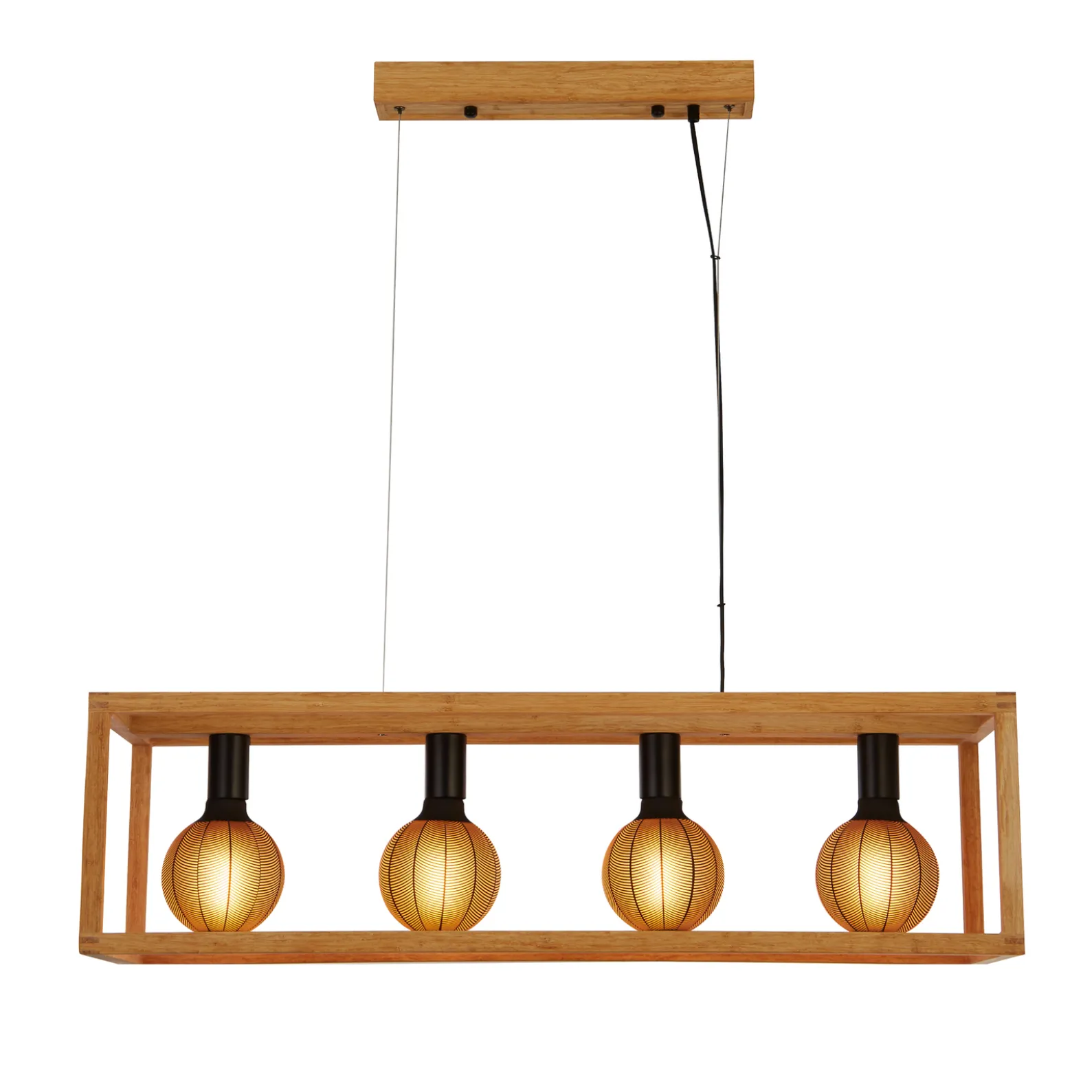 Nelikulmainen riipusvalaisin, 4-valo, 90 cm pitkä, bambu, E27