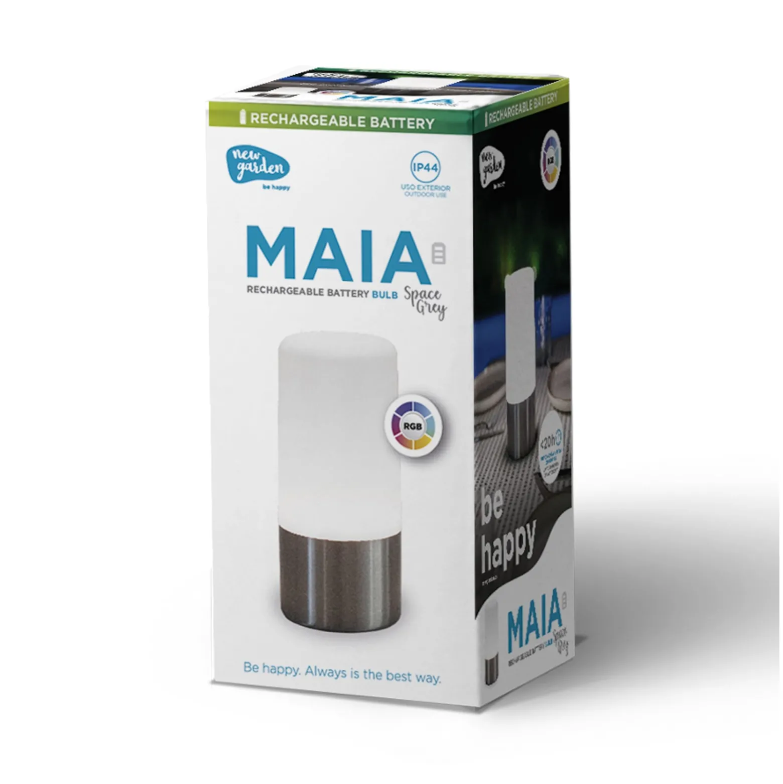 Newgardenin ladattava LED-pöytävalaisin Maia, harmaa, IP54, RGBW
