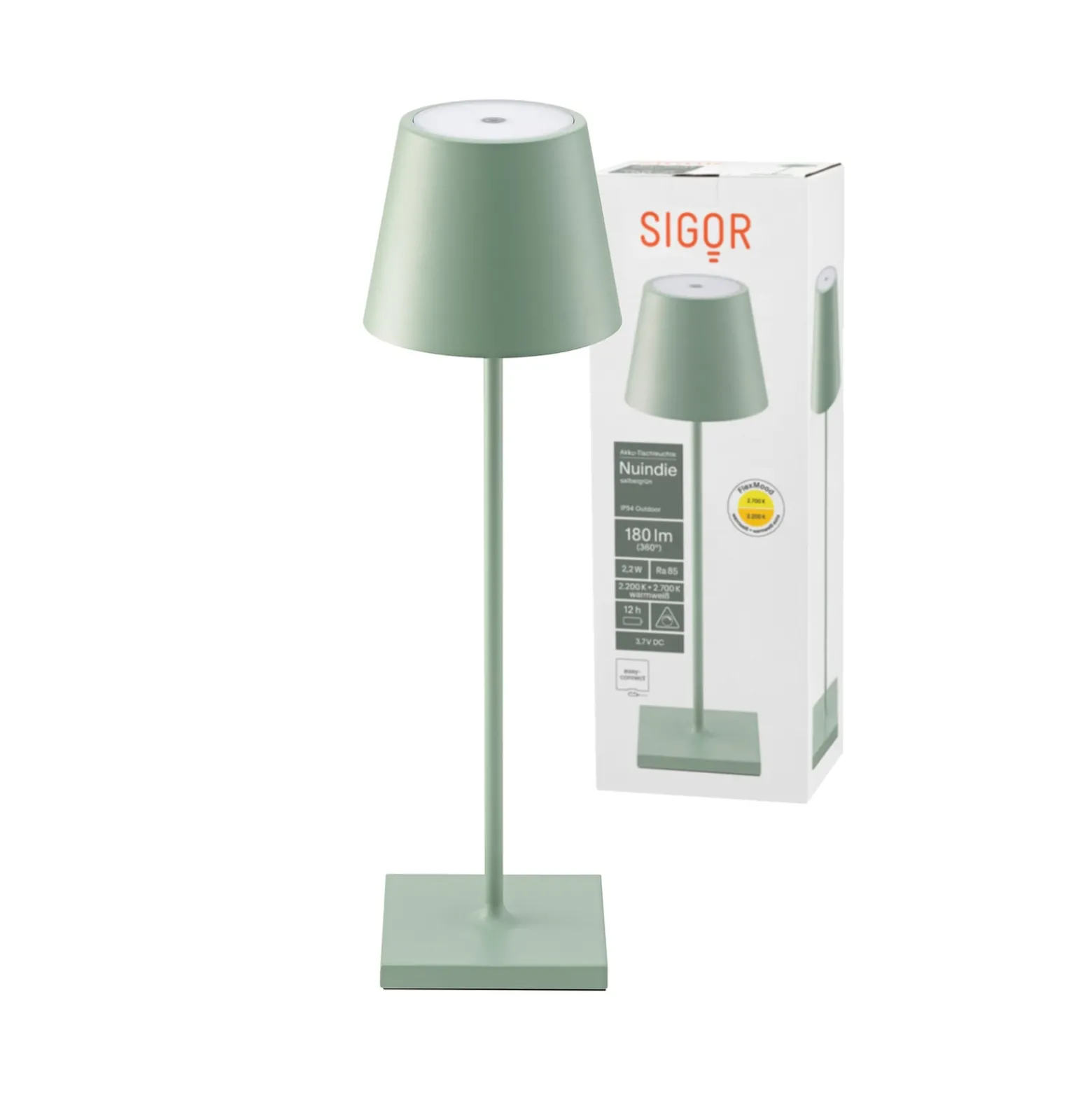Nuindie LED-ladattava pöytävalaisin, USB-C, salvianvihreä, IP54,