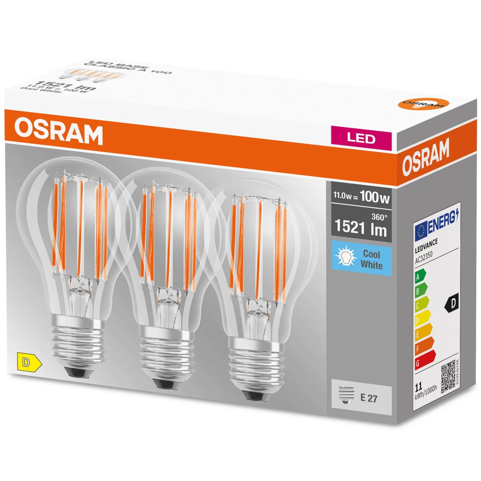 OSRAM-LED-filamenttilamppu E27 Base 11W 4000K 3kpl