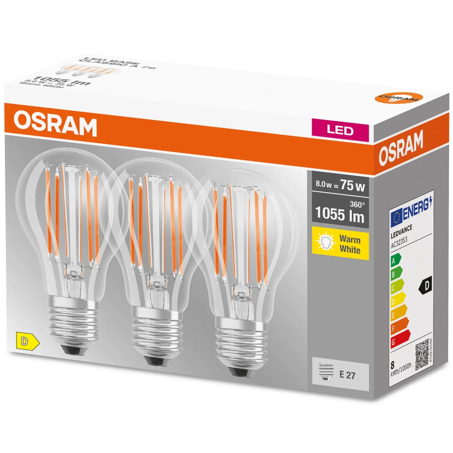 OSRAM-LED-filamenttilamppu E27 Base 7,5W 2700K 3 x