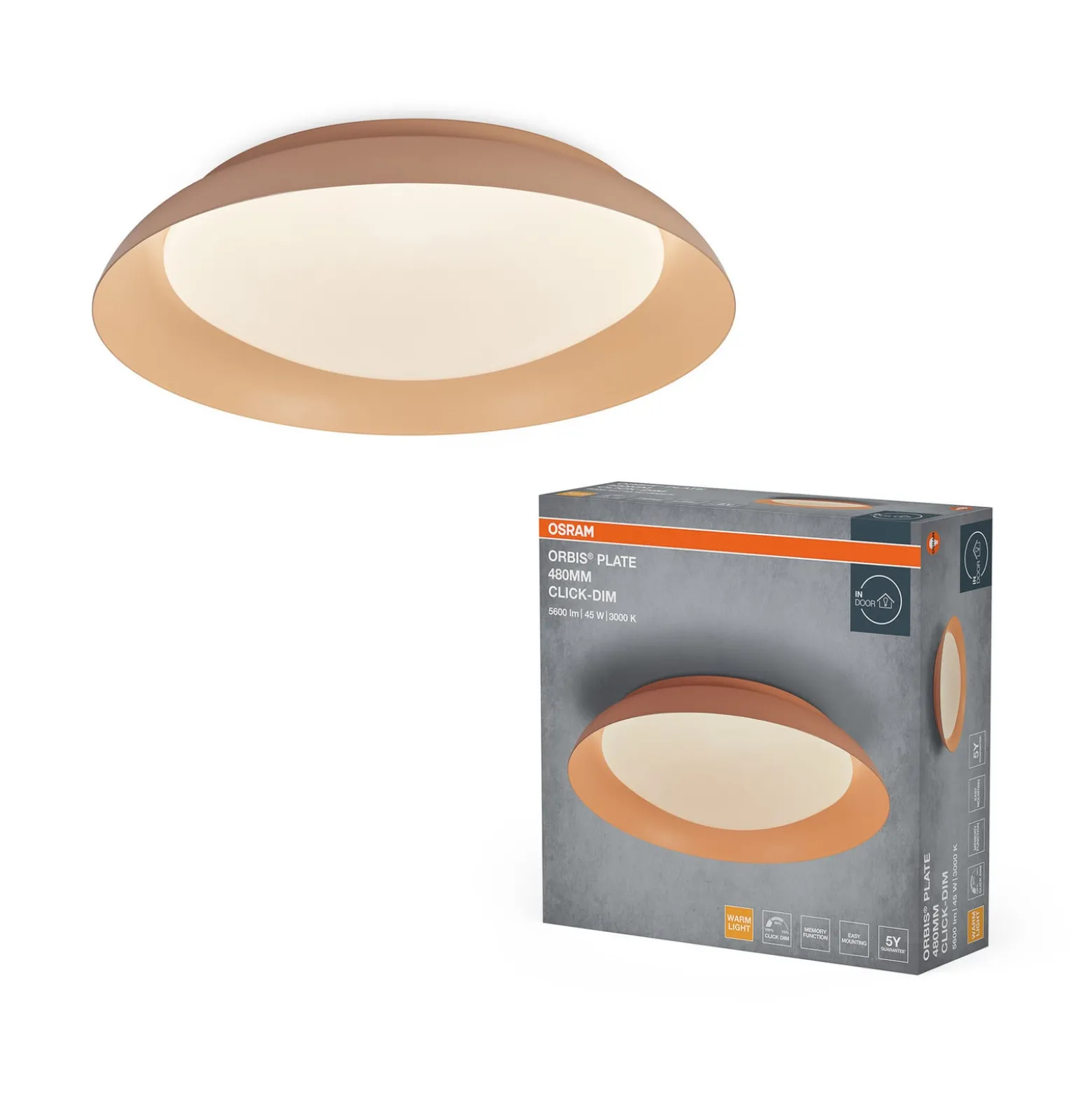 OSRAM LED-kattovalaisin ORBIS PLATE, ruusunkultainen, Ø 48 cm, clickdim