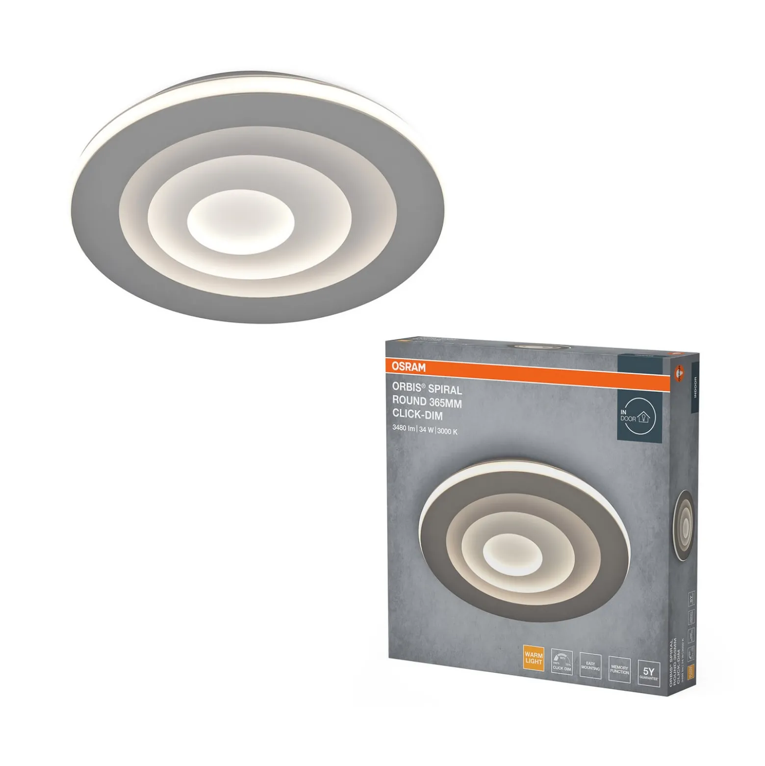 OSRAM LED-kattovalaisin ORBIS SPIRAL, halkaisija 37 cm, harmaa, clickdim