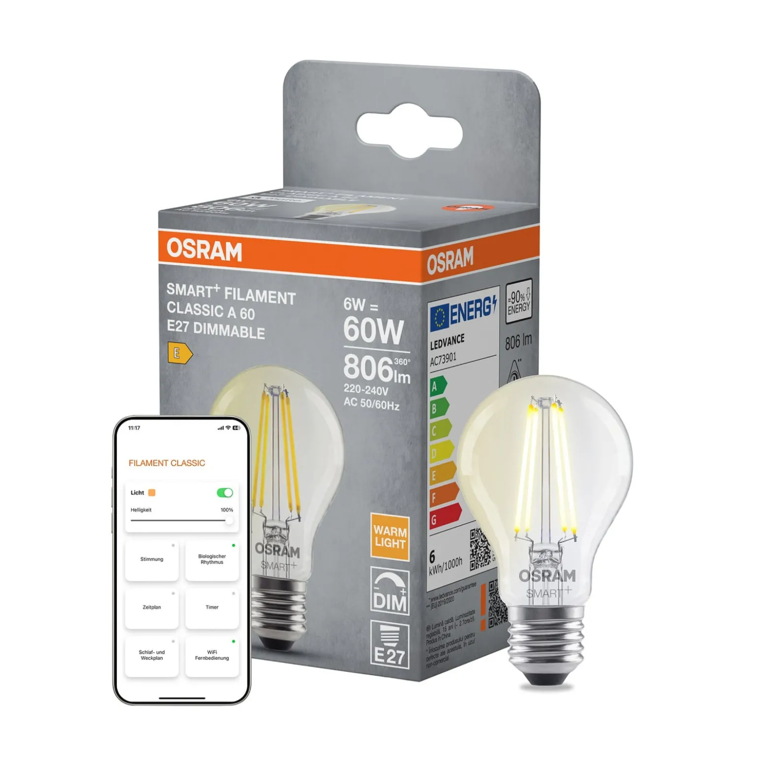 OSRAM SMART+ WiFi LED-lamppu E27, A60 6 W 827 kirkas himmennettävä