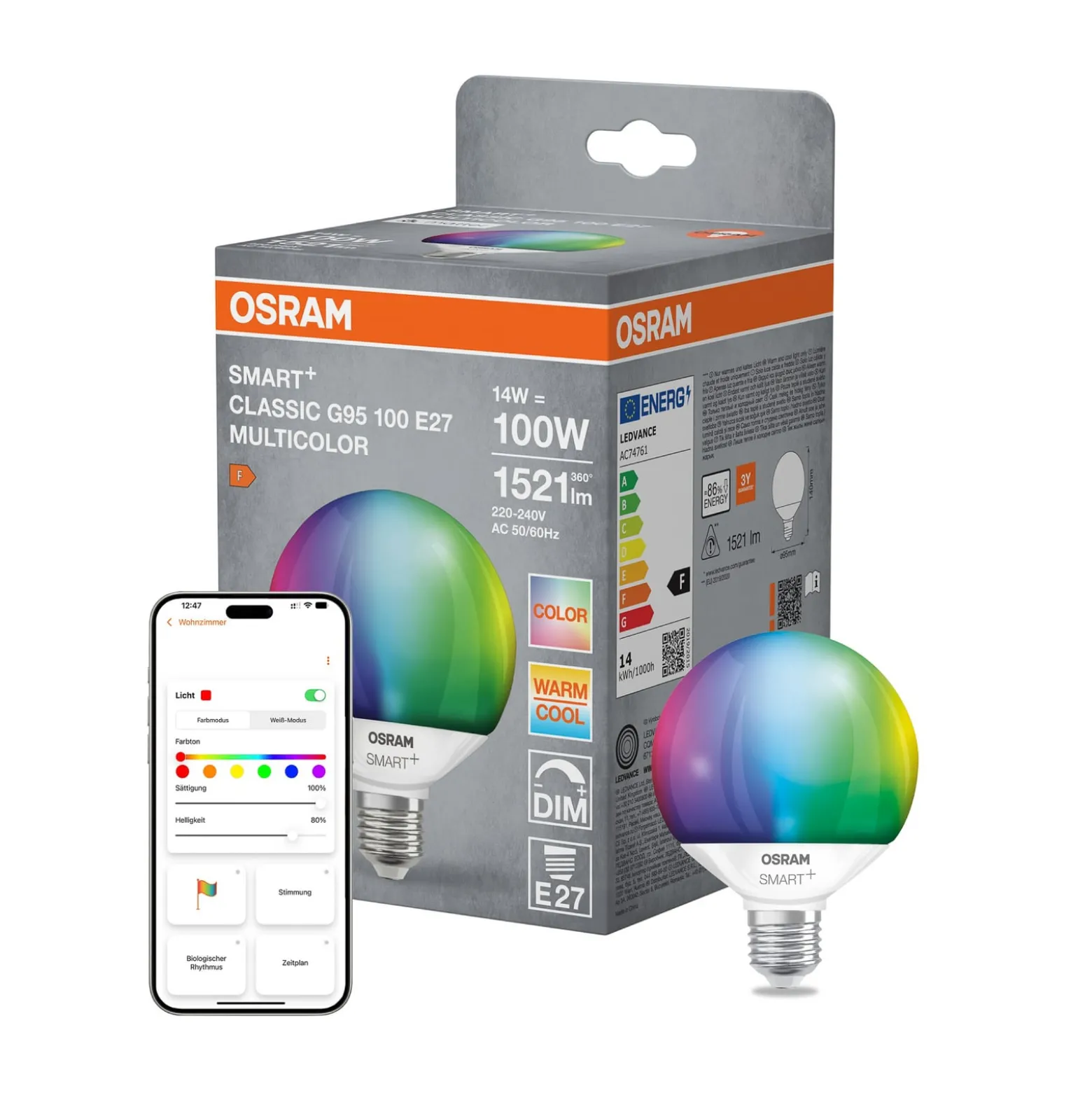 OSRAM SMART+ WiFi LED-lamppu E27, G95 14W matt CCT RGB