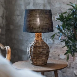 Paglia-pöytälamppu, luonnonväri/musta, rottinki/juutti, korkeus 58 cm