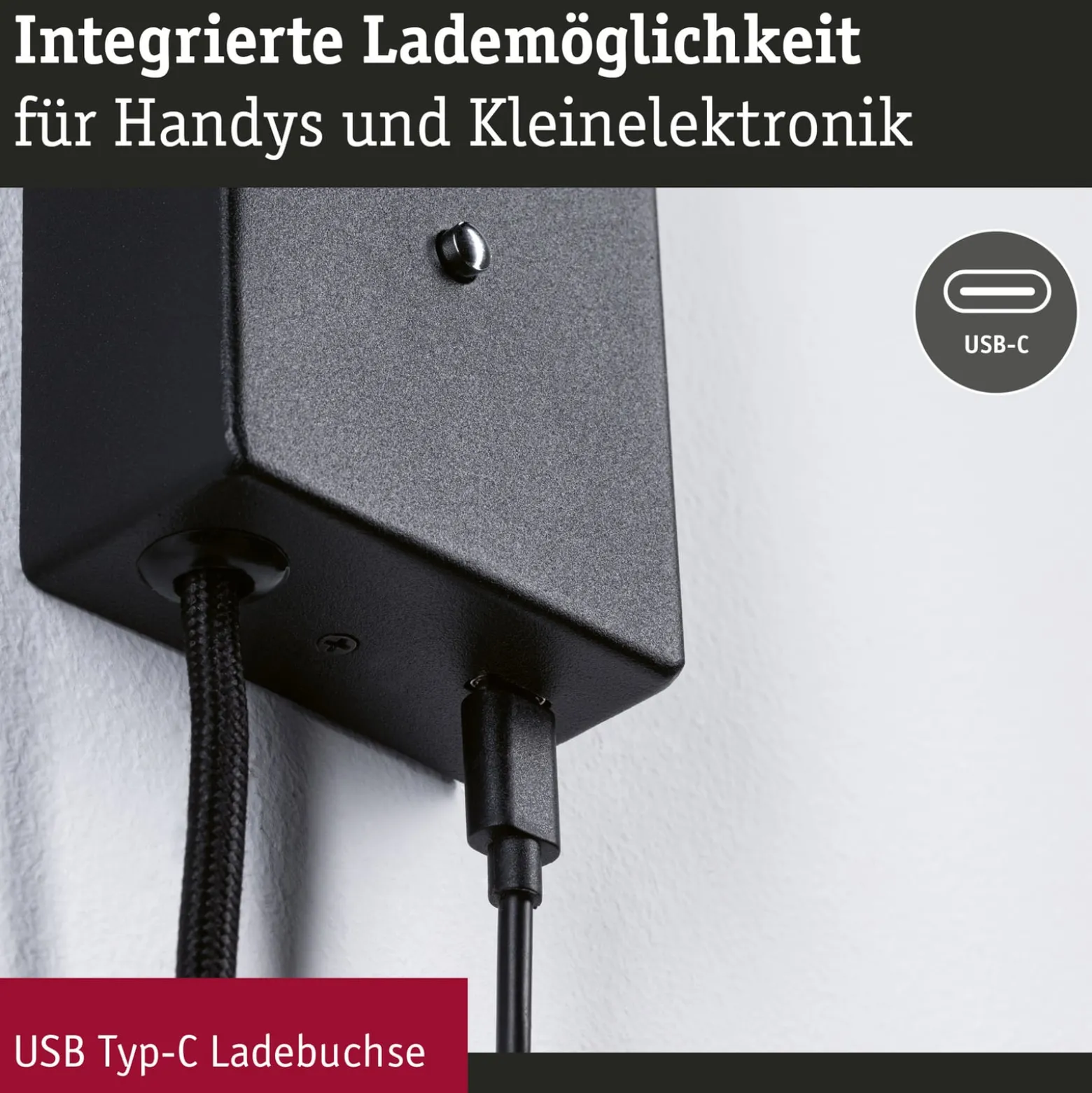 Paulmann Hulda USB LED-seinäspotti, himmennettävä, musta, kytkin