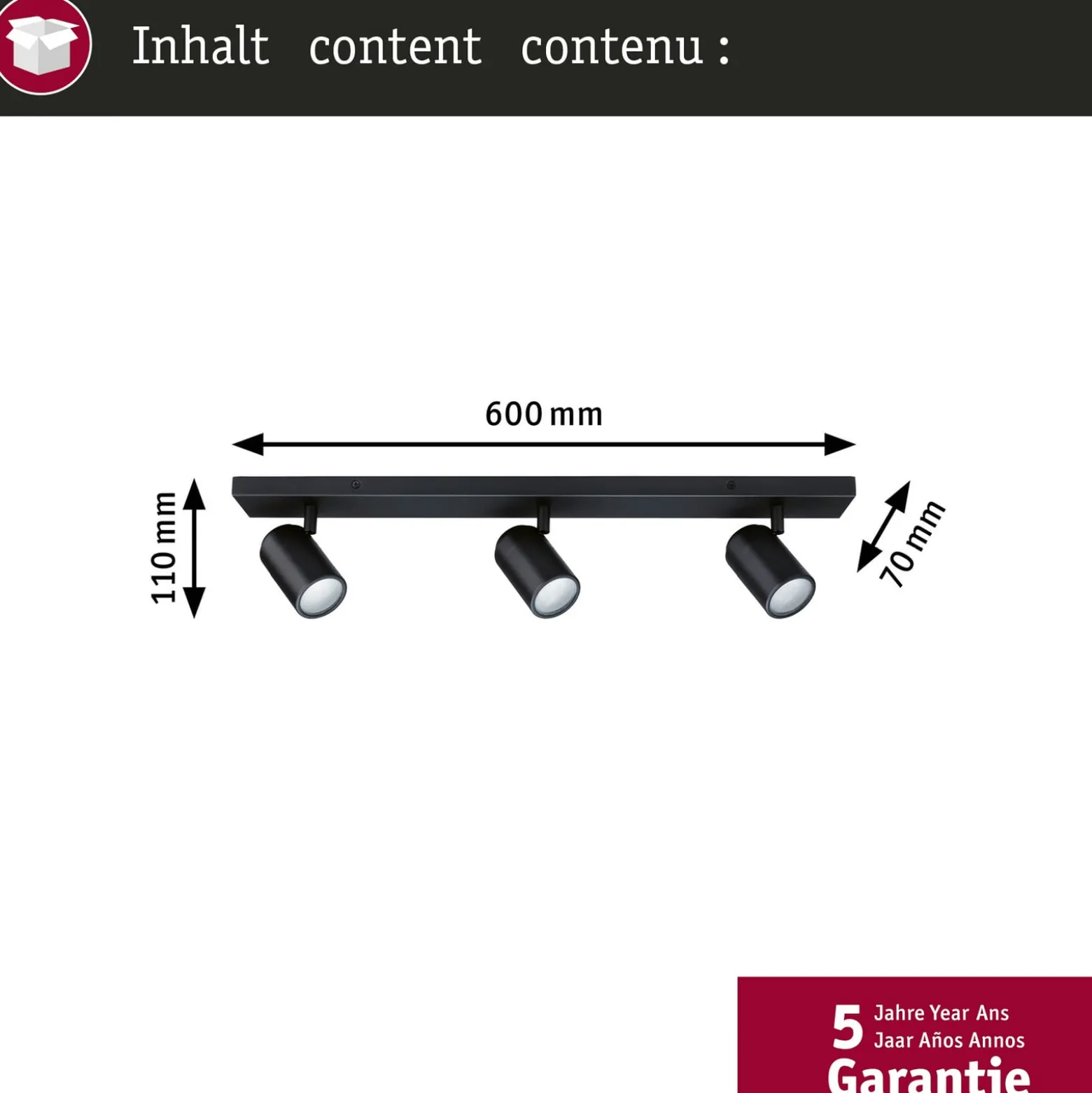 Paulmann kattokohdevalo Zyli musta pituus 60 cm 2-lamppuinen IP44