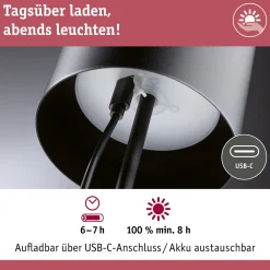 Paulmann LED-akkupöytälamppu Tuni, musta, muovi, IP44