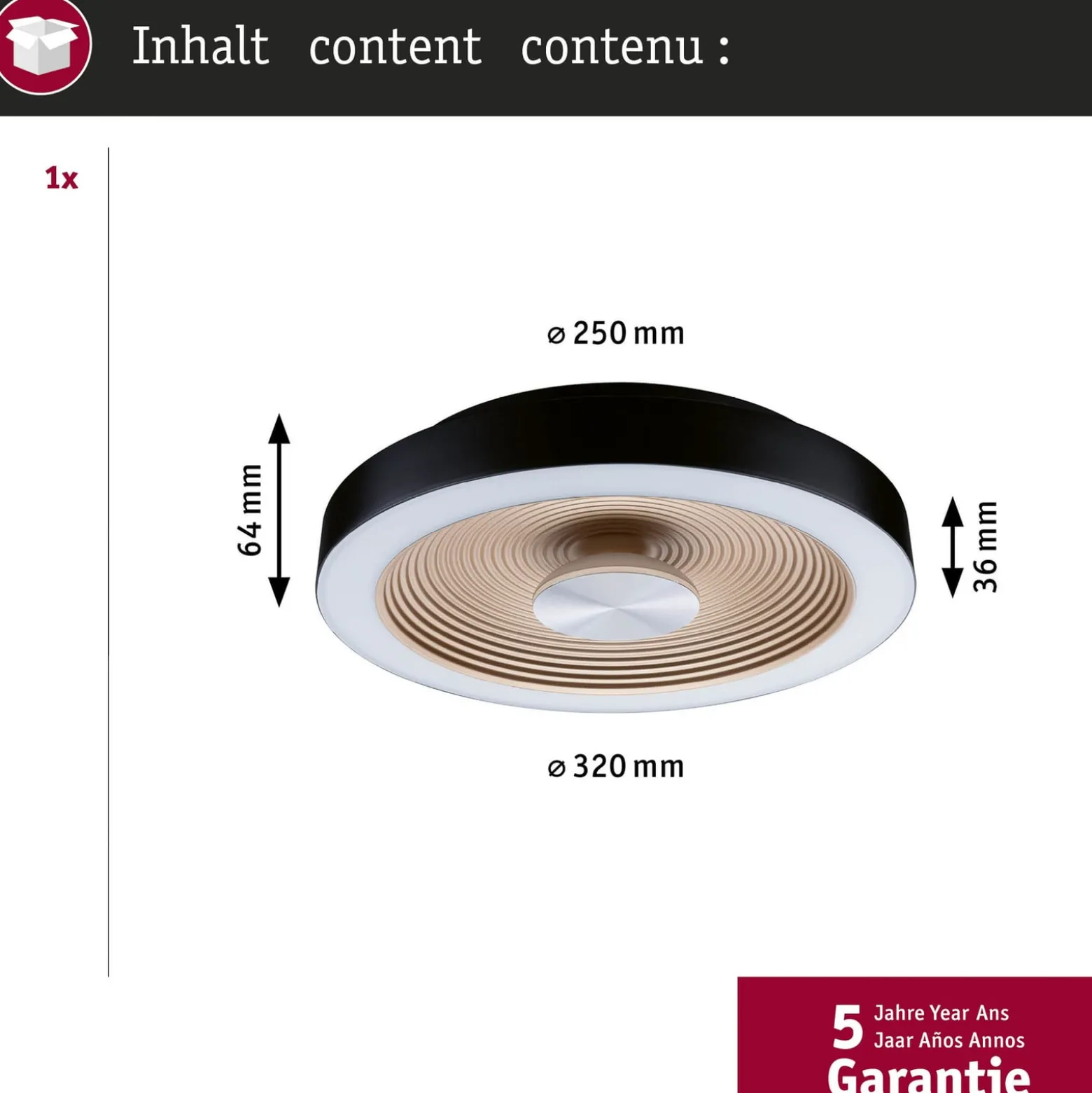 Paulmann LED-kattovalaisin Volea musta/kulta Ø 32 cm IP44 himmennettävä