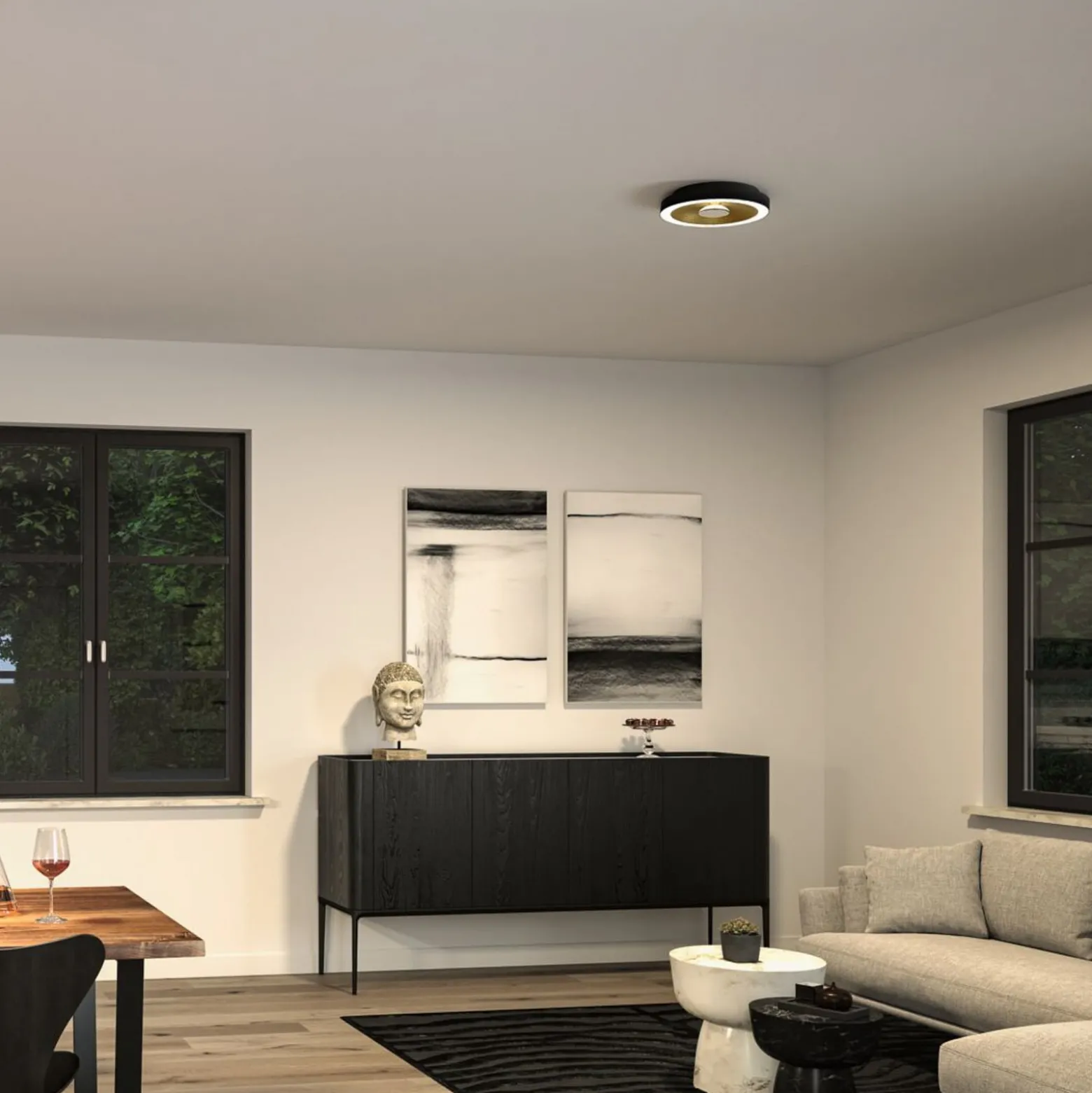 Paulmann LED-kattovalaisin Volea musta/kulta Ø 32 cm IP44 himmennettävä