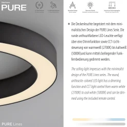 PURE Lines -LED-kattovalaisin, halkaisija 35 cm, grafiitti, CCT, kaukosäädin