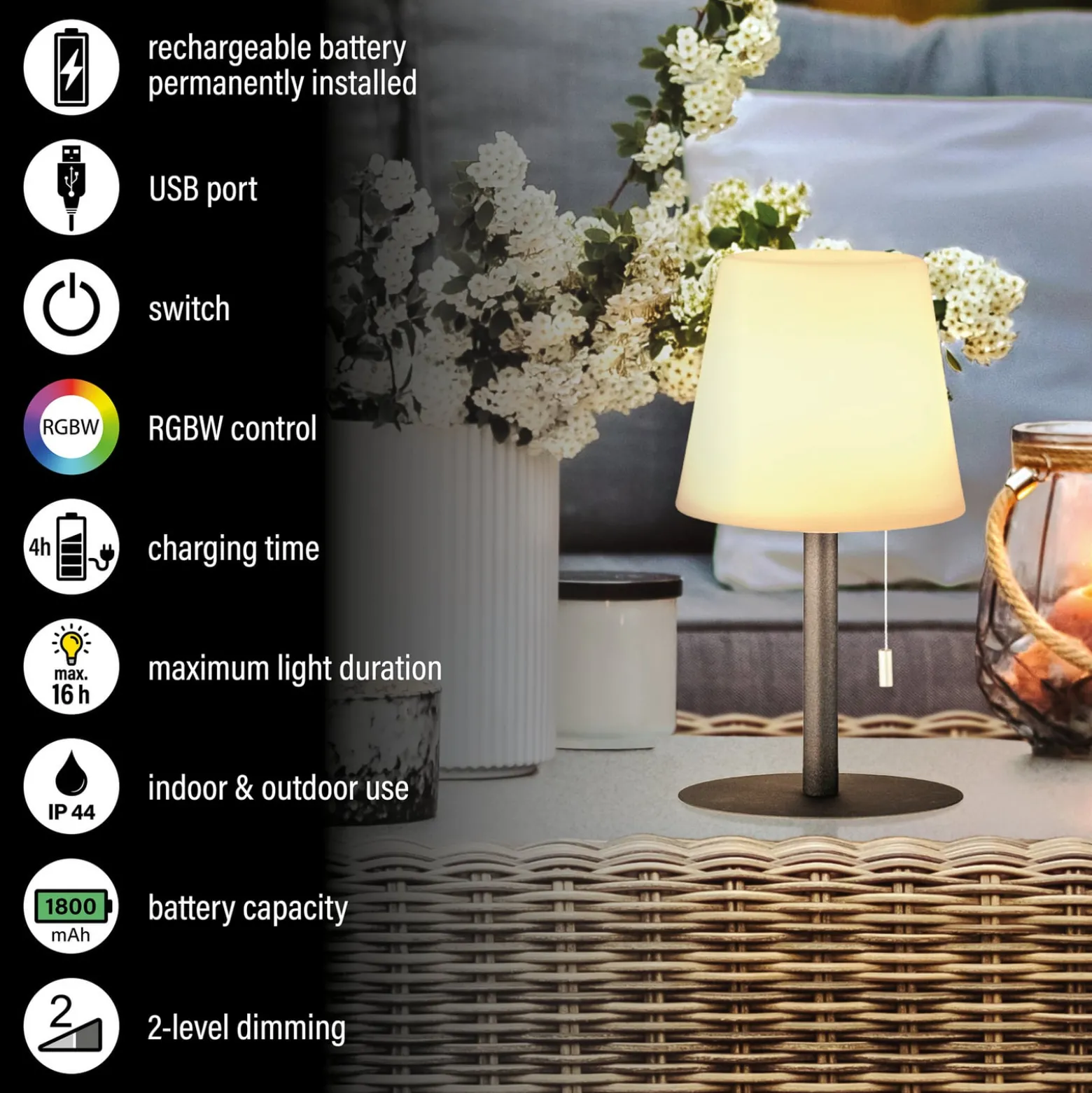 Puutarhan LED-pöytävalaisin, himmennettävä, värinvaihtoa varten