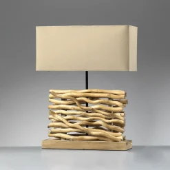 Pöytälamppu Marica, kangasvarjostin ja puu, korkeus 50 cm