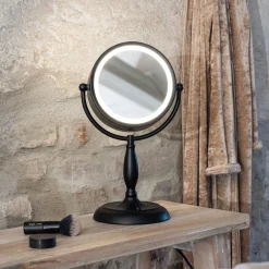 Pöytäpeili valolla, musta, metallia, korkeus 36 cm
