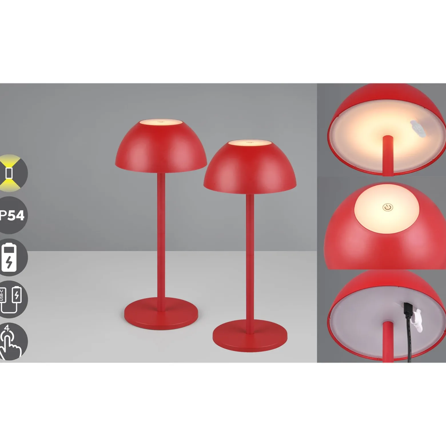 Ricardo ladattava LED-pöytävalaisin, punainen, korkeus 30 cm, muovia