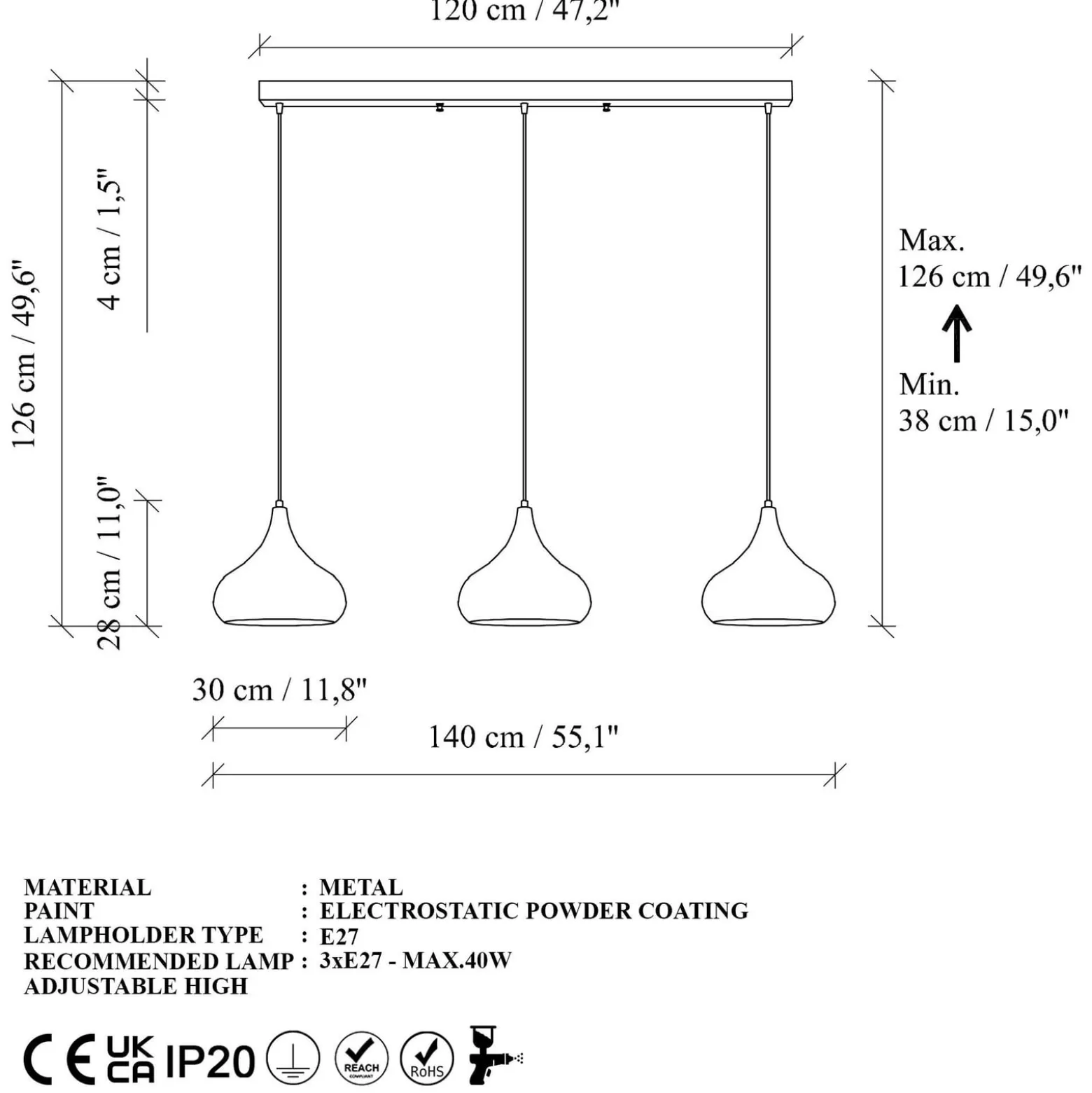 Riippuvalaisin Muba, musta, pituus 120 cm, metalli