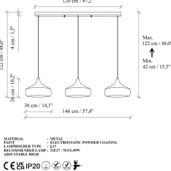Riippuvalaisin Yildo, pituus 146 cm, musta/kupari, 3-lamppuinen
