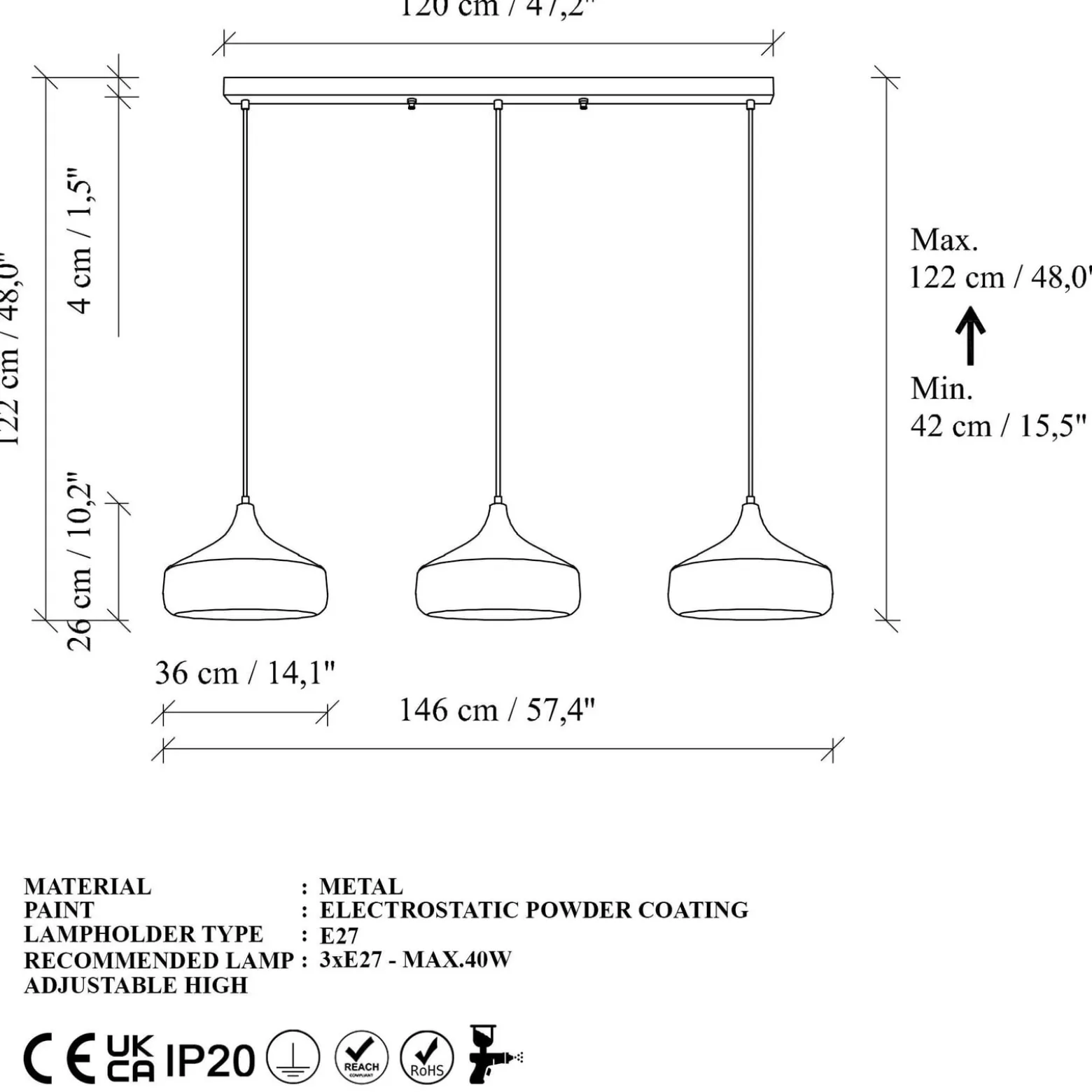 Riippuvalaisin Yildo, pituus 146 cm, musta/kupari, 3-lamppuinen