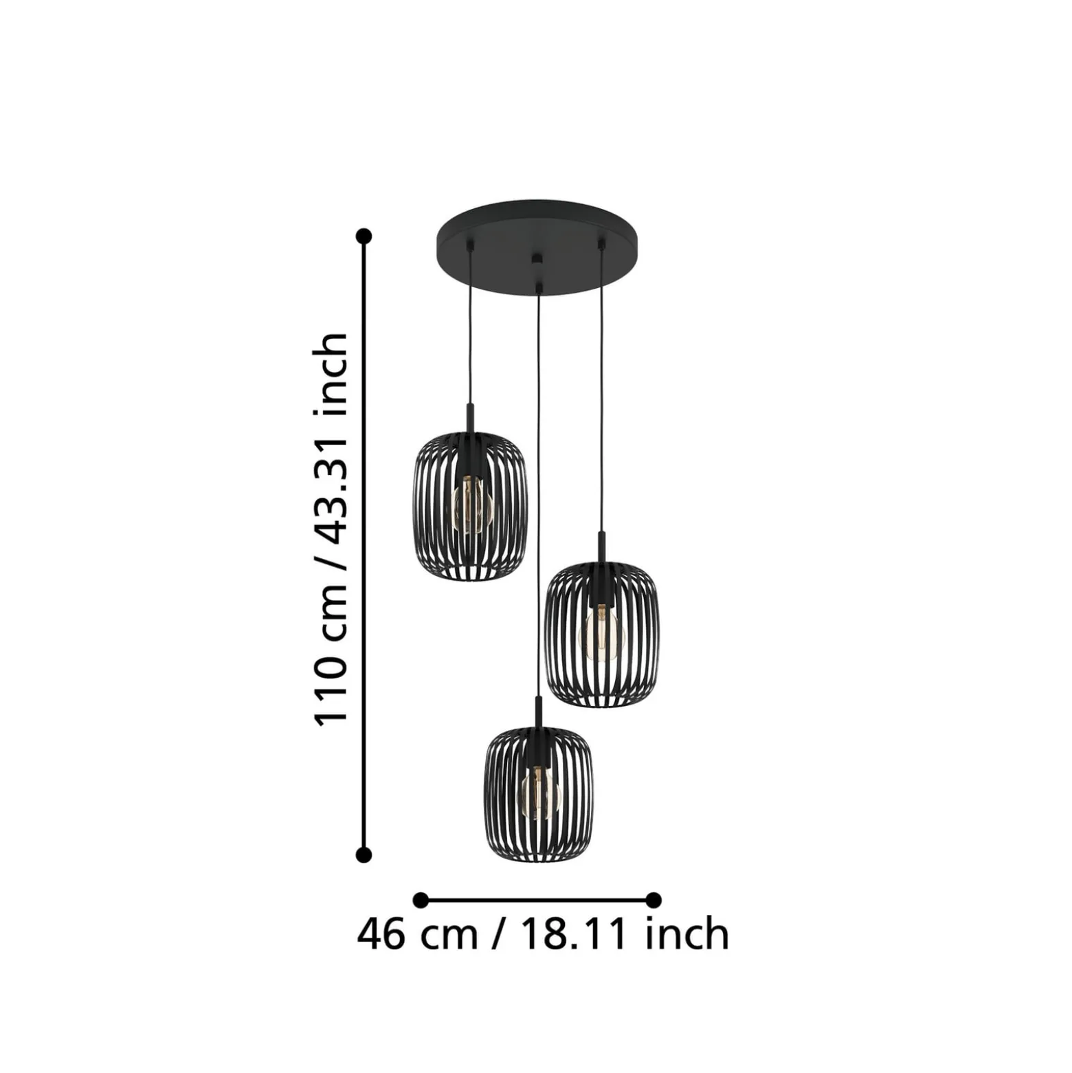 Romazzina-riippuvalaisin, Ø 46 cm, musta, 3-valo, teräs