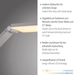 SAMSKY-LED-lattiavalo, teräs, korkeus 161 cm, metallinen kosketusdimmeri