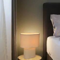 Santorini-pöytälamppu, norsunluu/beige, 38 cm, pellava/keramiikka