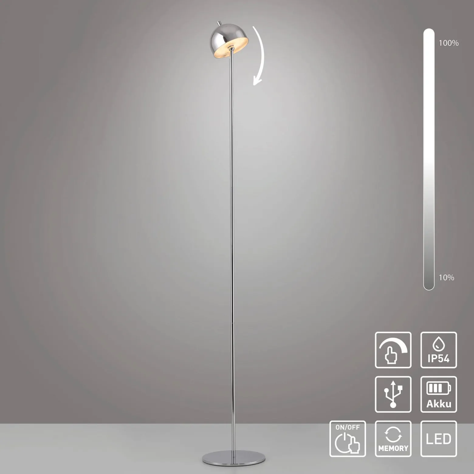 Schöner Wohnen LED-akkukäyttöinen lattiavalaisin Bellis kromi, IP54 3 000 K
