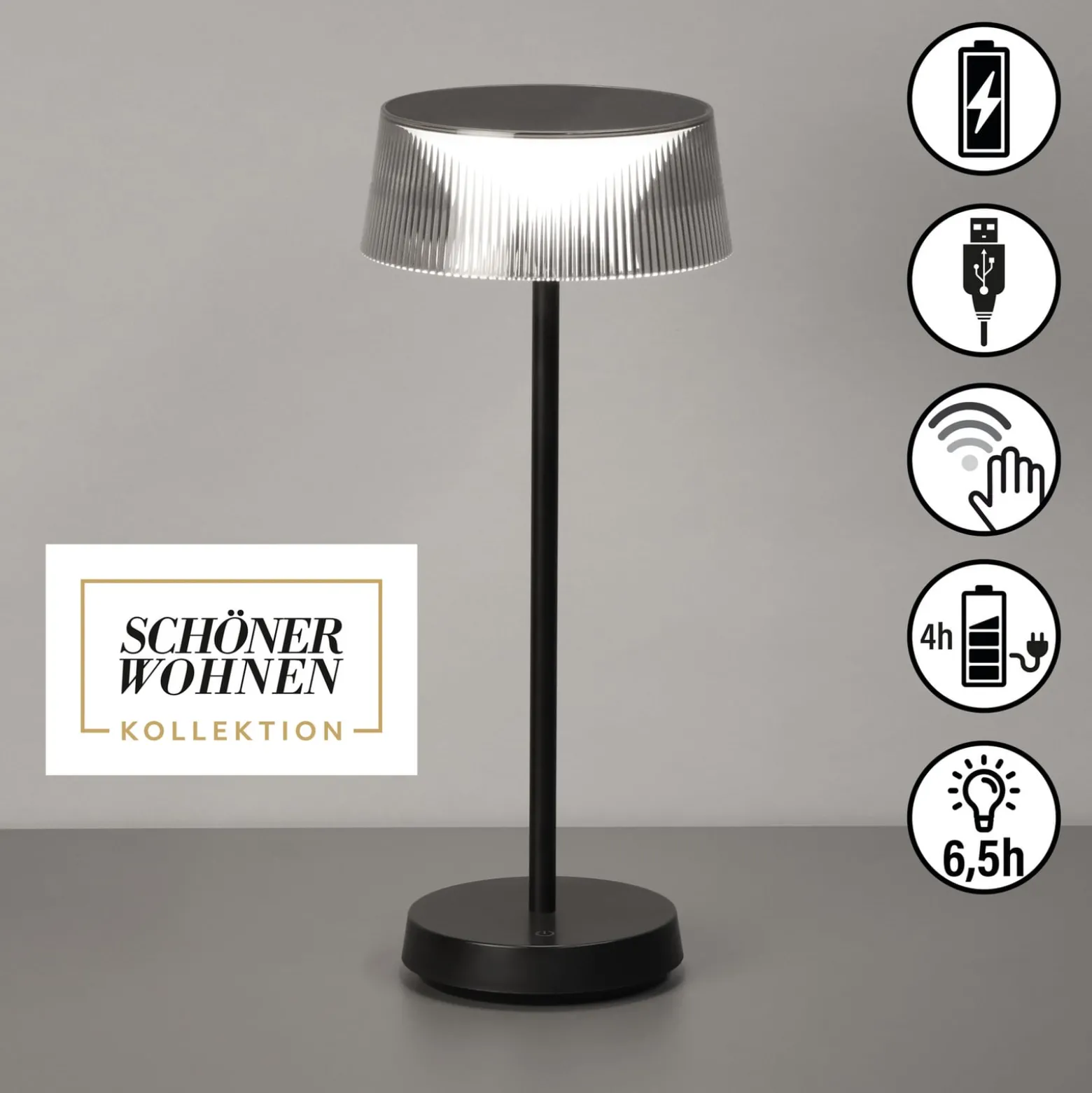 Schöner Wohnen LED-akku-pöytävalaisin Torre, IP44, himmennin