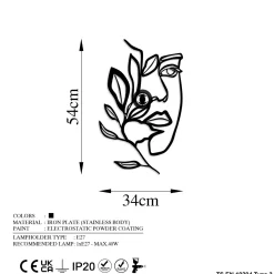 Seinälamppu Flower Faced, musta, metalli, 54 x 34 cm, pistoke