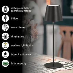 Viletto LED ladattava pöytävalaisin, musta, IP54