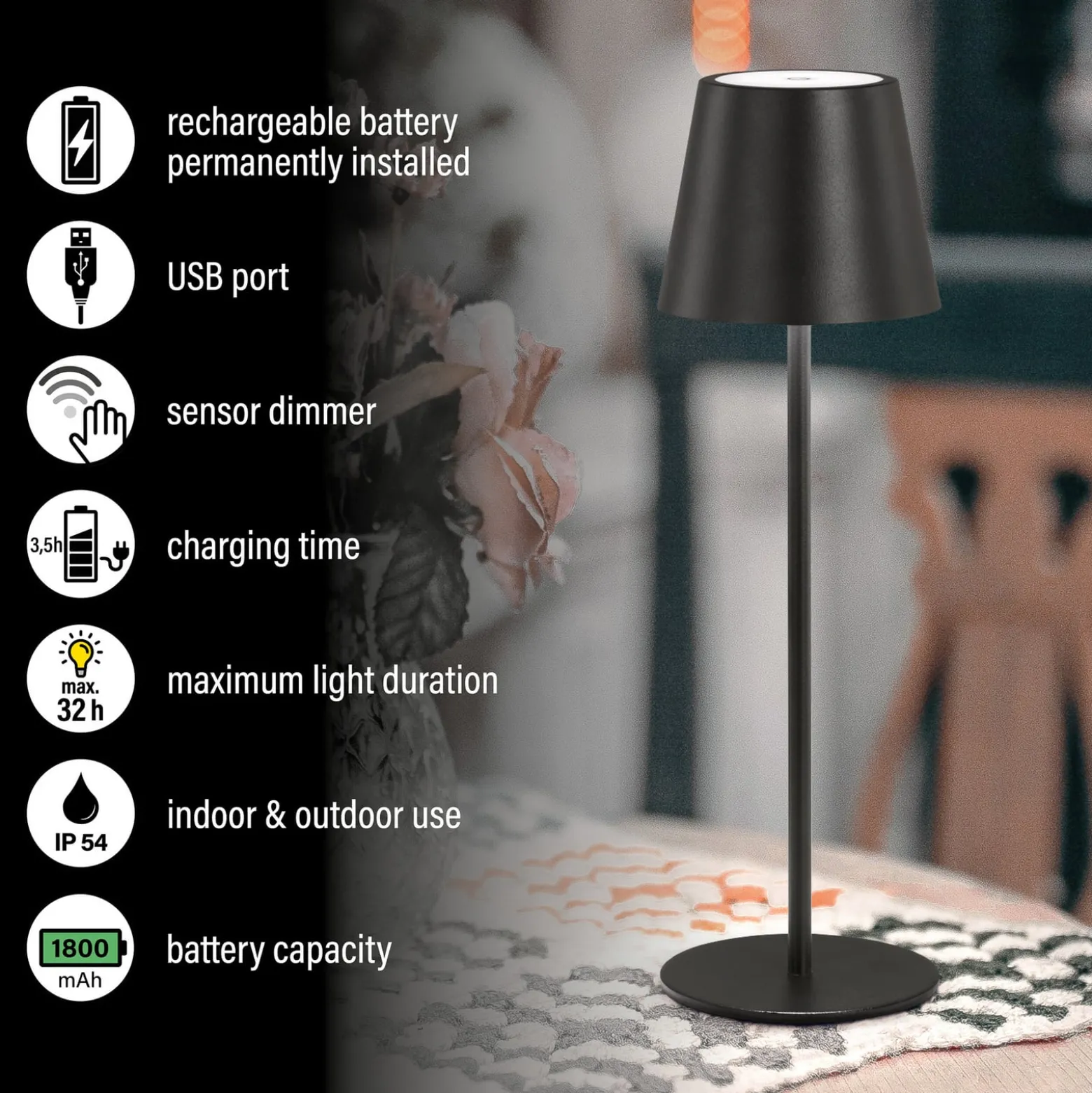 Viletto LED ladattava pöytävalaisin, musta, IP54