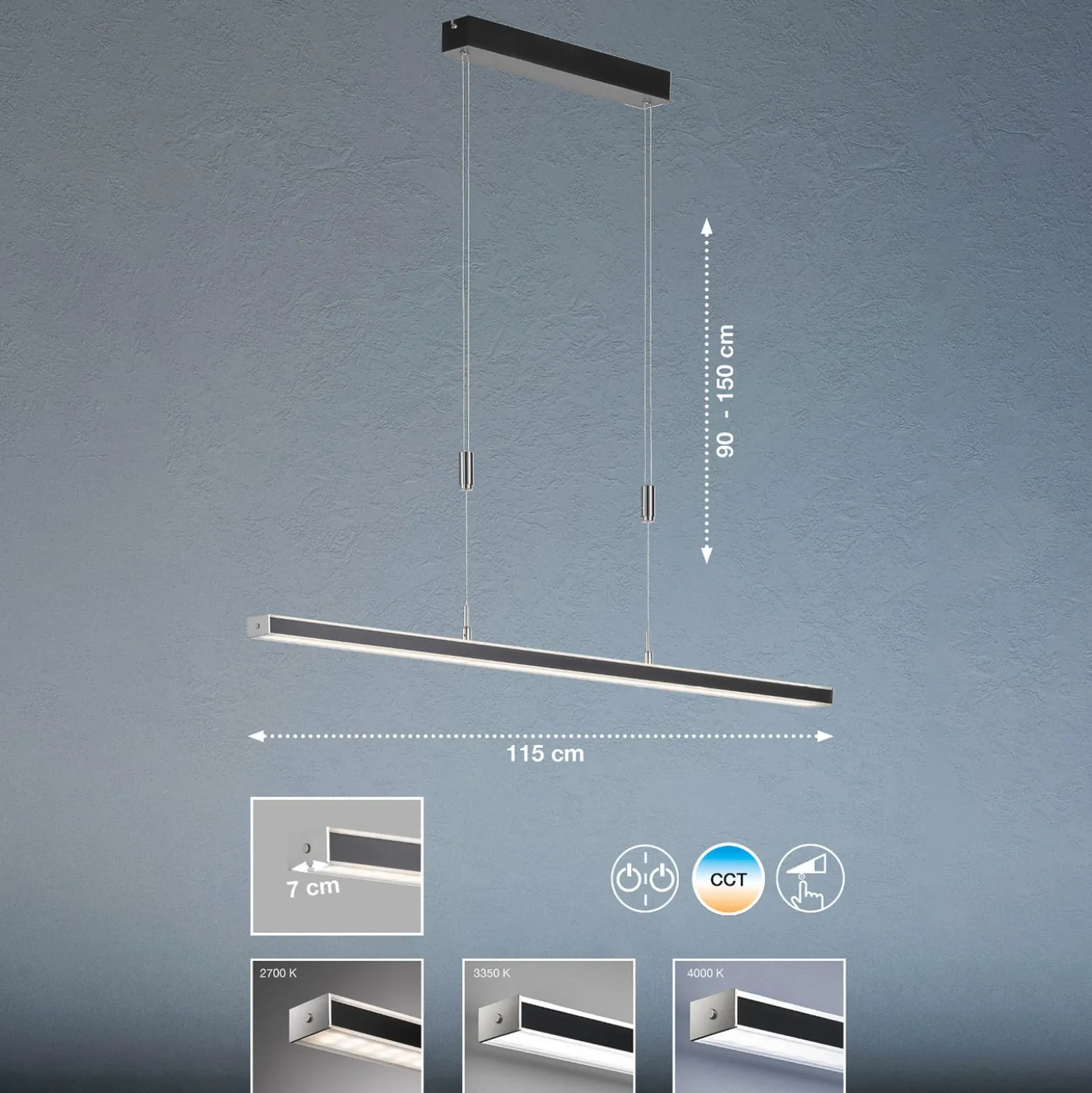 Vitan LED-riippuvalaisin, hiekanmusta, pituus 115 cm, 2-valo, CCT