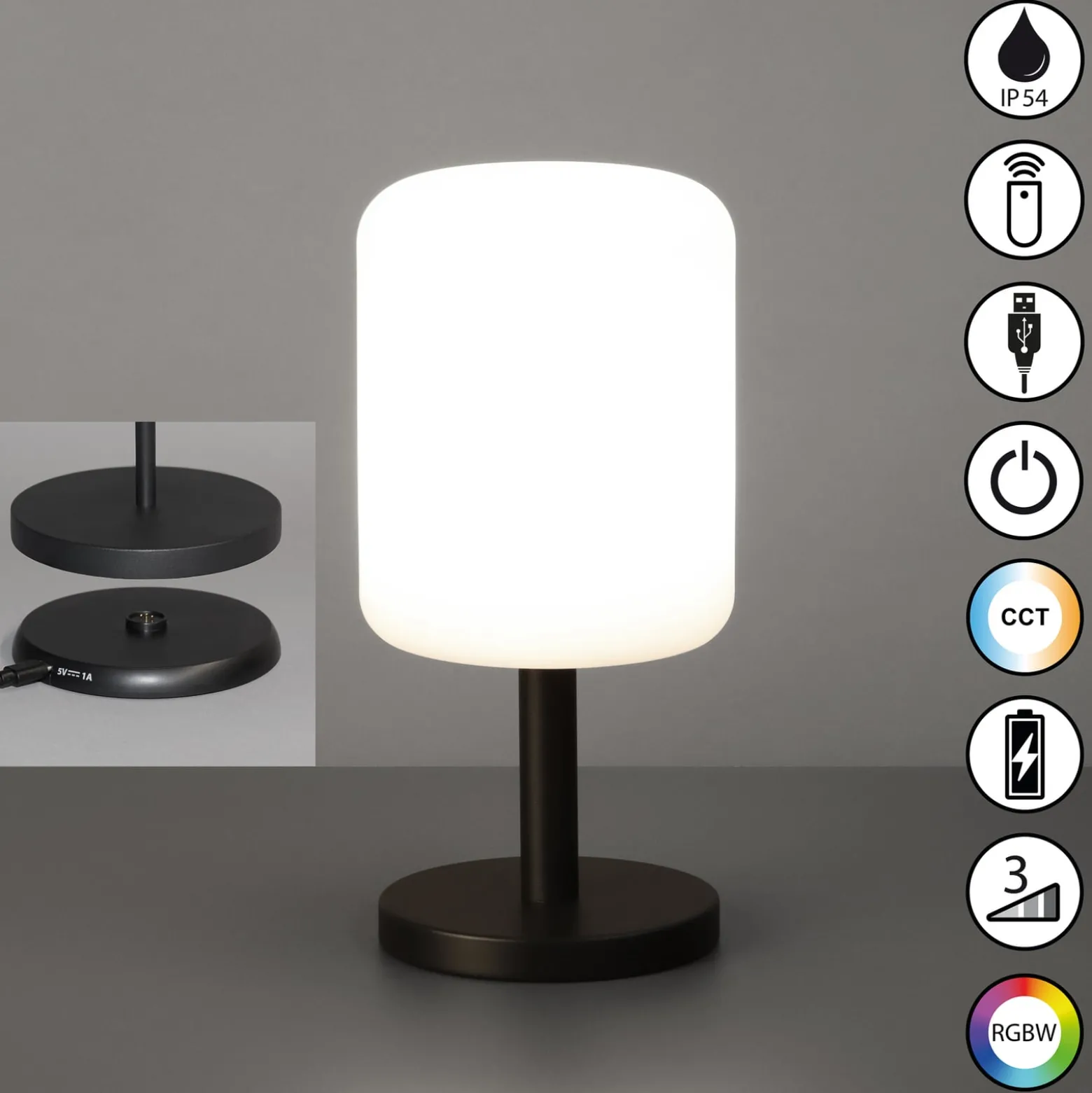 Volterra Pro LED ladattava pöytävalaisin, IP54, RGBW, kaukosäädin