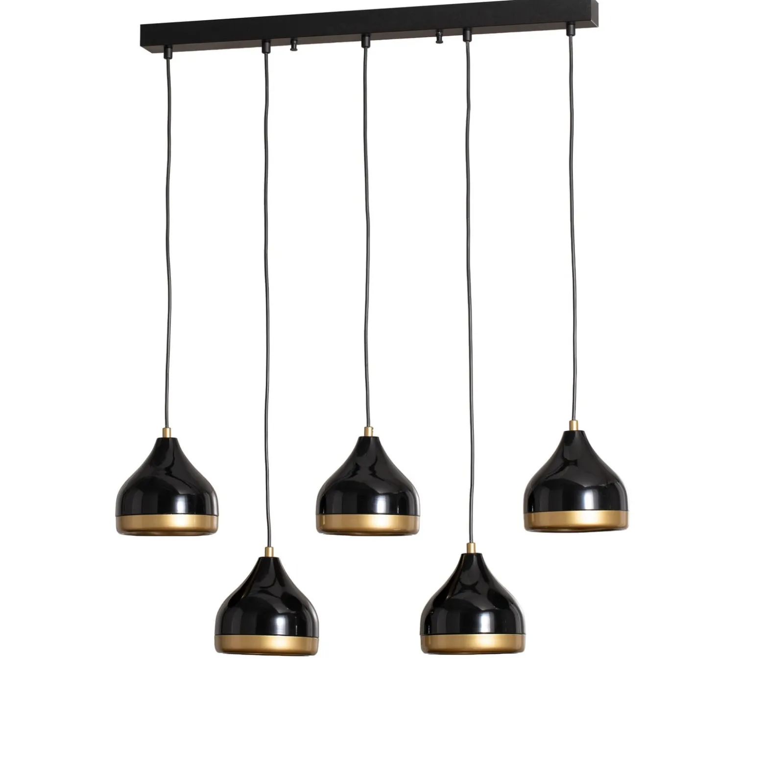 Yildo-riippuvalaisin, musta/kultainen, 5-lamppuinen. Pituus 111 cm